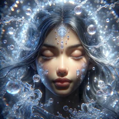 The primary subject of the image is a woman with long hair, who appears to be a digital art or illustration. She is surrounded by a blue and white environment, which gives the scene a serene and calming atmosphere. The visual style of the image suggests that it is a digital art or illustration, rather than a photo or a drawing. The woman's hair is adorned with crystals, adding a touch of elegance and beauty to the scene.